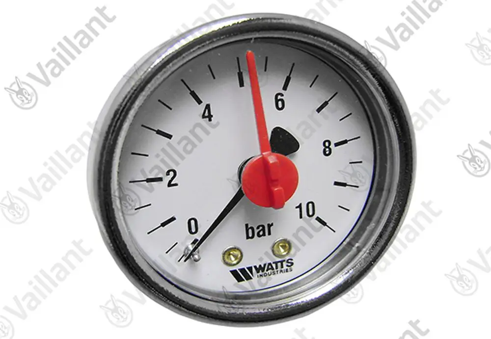 Manometer von Vaillant zur Messung des Drucks, skaliert in bar von 0 bis 10, mit rot markiertem Zeiger auf einem weißen Ziffernblatt.